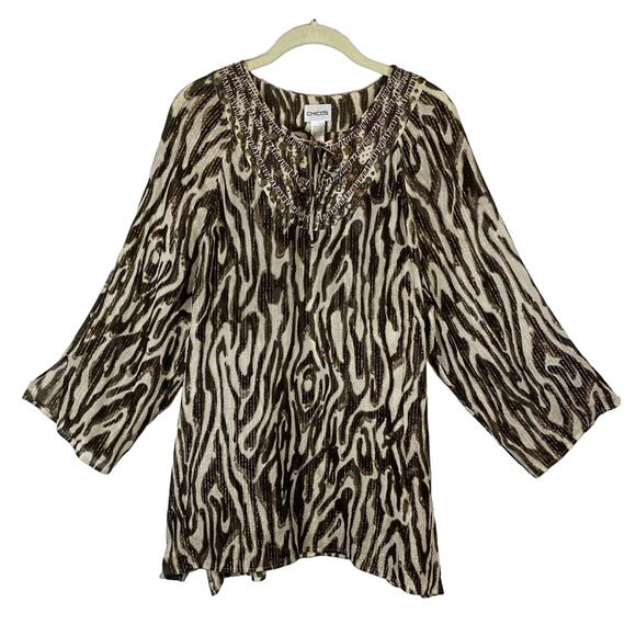 Chico's Silk Animal Print Beaded Tunic Top Women Sz 3(XL) Brown/Tan Sheer EUC - Picture 1 of 14